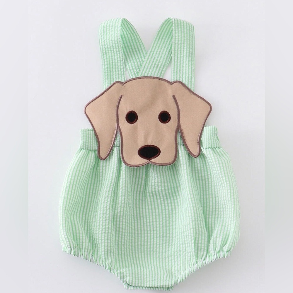 Babyboy’s Green Seersucker Dog Bubble Romper